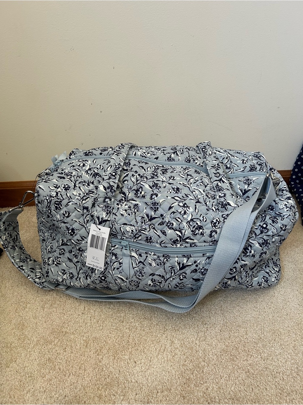 Vera Bradley Quilted Floral Travel Duffel in Light Blue and Navy